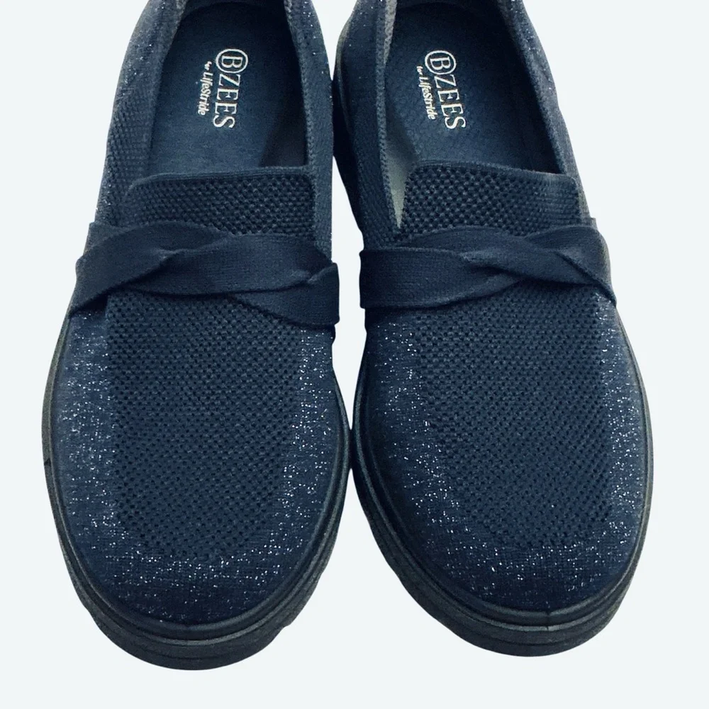 BZEES for LifeStride Muse Bow Sz 7 WIDE Loafers Blue Knit Sparkle Chunky Slip-on